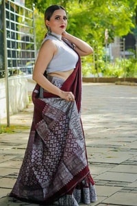 Maroon Zari Leaf Butta Banarasi Soft Silk Saree with Wide Brocade Border in Gold or Silver Zari  in Surat