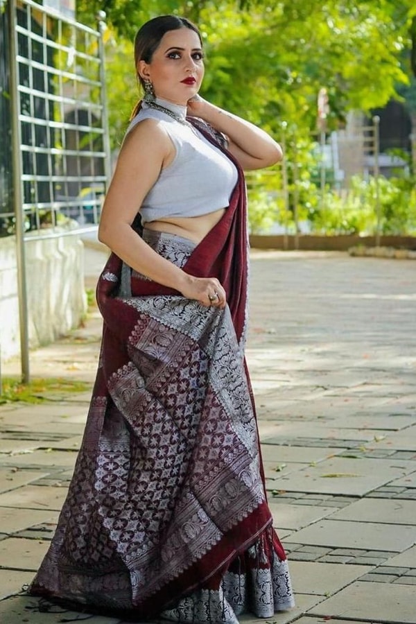 Maroon Zari Leaf Butta Banarasi Soft Silk Saree with Wide Brocade Border in Gold or Silver Zari  in Surat