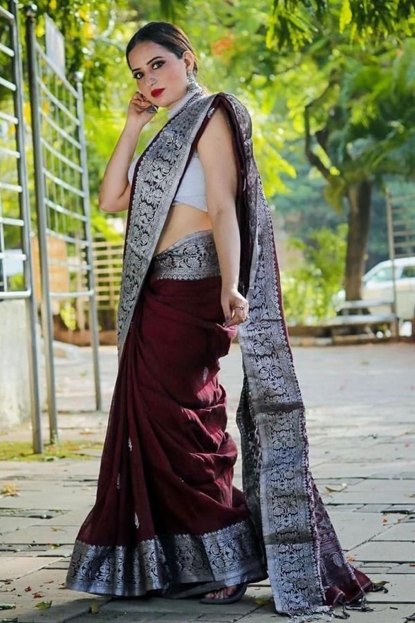 Maroon Zari Leaf Butta Banarasi Soft Silk Saree with Wide Brocade Border in Gold or Silver Zari  in Surat