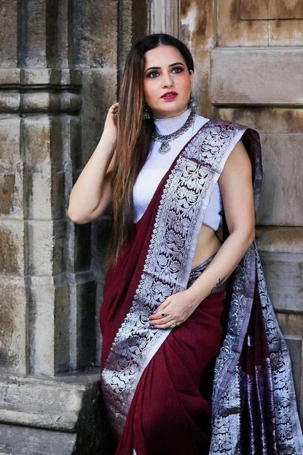 Maroon Zari Leaf Butta Banarasi Soft Silk Saree with Wide Brocade Border in Gold or Silver Zari  in Surat