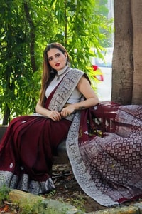 Maroon Zari Leaf Butta Banarasi Soft Silk Saree with Wide Brocade Border in Gold or Silver Zari  in Surat