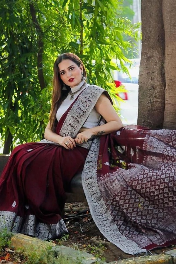 Maroon Zari Leaf Butta Banarasi Soft Silk Saree with Wide Brocade Border in Gold or Silver Zari  in Surat