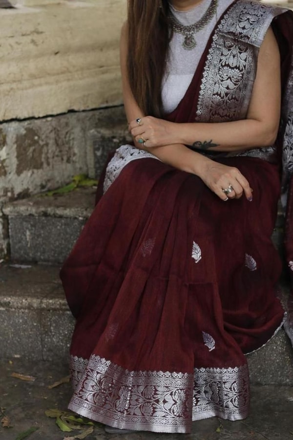 Maroon Zari Leaf Butta Banarasi Soft Silk Saree with Wide Brocade Border in Gold or Silver Zari  in Surat