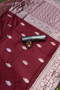 Maroon Zari Leaf Butta Banarasi Soft Silk Saree with Wide Brocade Border in Gold or Silver Zari  in Surat
