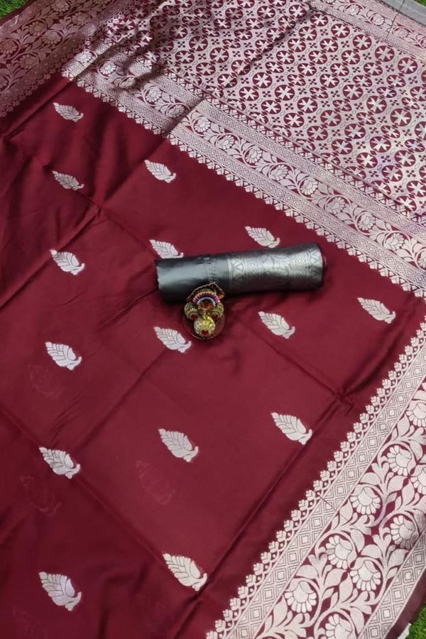 Maroon Zari Leaf Butta Banarasi Soft Silk Saree with Wide Brocade Border in Gold or Silver Zari  in Surat