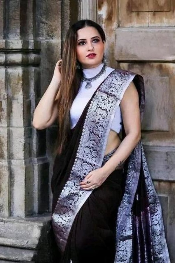 Maroon Zari Leaf Butta Banarasi Soft Silk Saree with Wide Brocade Border in Gold or Silver Zari  in Surat