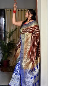 Maroon and Royal Blue Half and Half Banarasi Soft Silk Saree with Gold and Silver Brocade  in Surat