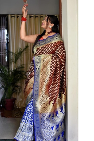 Maroon and Royal Blue Half and Half Banarasi Soft Silk Saree with Gold and Silver Brocade in Surat
