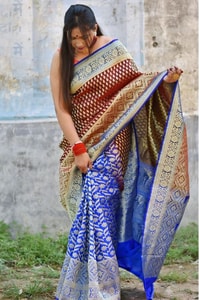 Maroon and Royal Blue Half and Half Banarasi Soft Silk Saree with Gold and Silver Brocade  in Surat