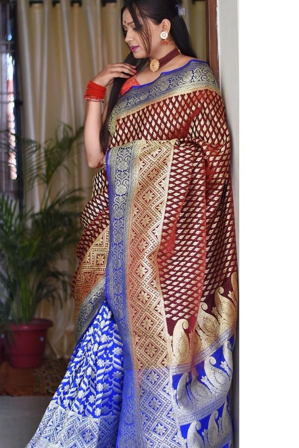 Maroon and Royal Blue Half and Half Banarasi Soft Silk Saree with Gold and Silver Brocade  in Surat