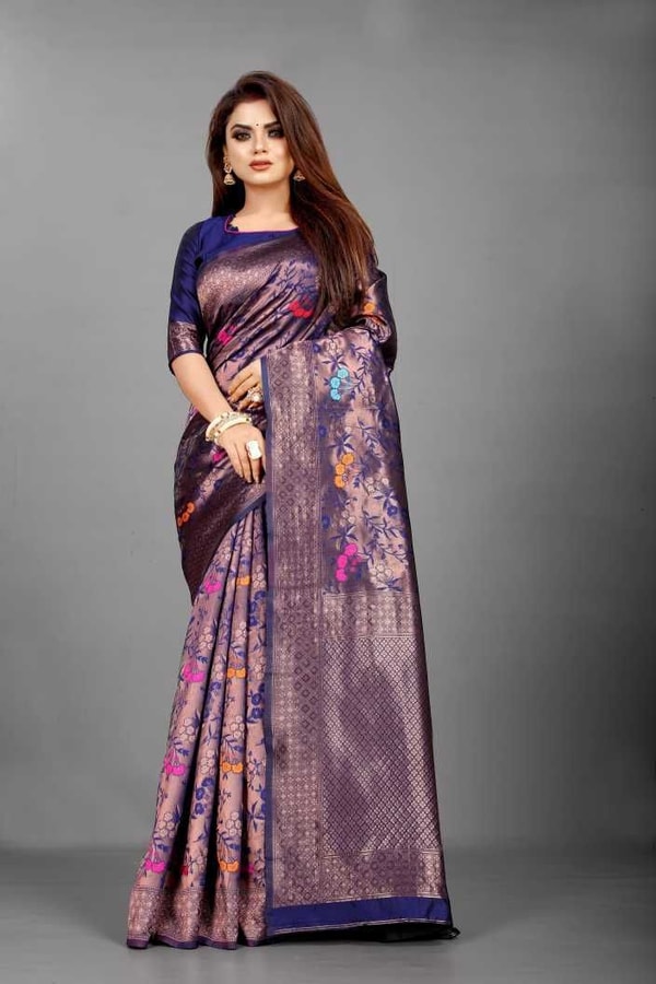Mauve Purple Soft Lichi Silk Saree with All-Over Multi-Colour Floral Jacquard Weave  in Surat