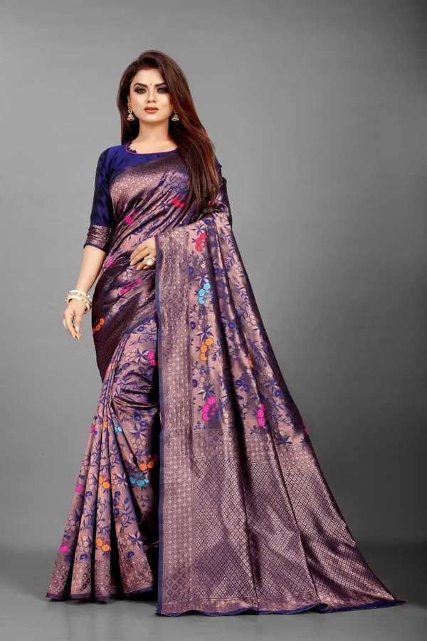 Mauve Purple Soft Lichi Silk Saree with All-Over Multi-Colour Floral Jacquard Weave  in Surat