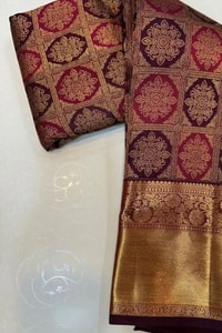 Meenakari Medallion Jaal Banarasi Soft Silk Saree in Maroon and Royal Blue with Gold Border  in Surat