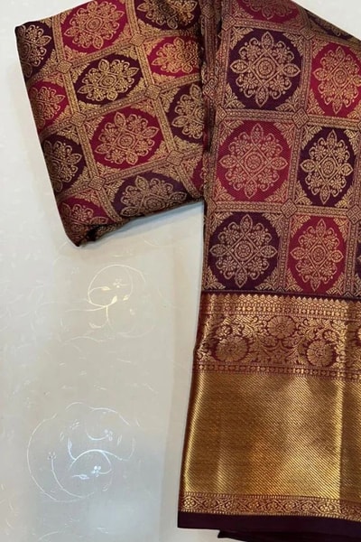 Meenakari Medallion Jaal Banarasi Soft Silk Saree in Maroon and Royal Blue with Gold Border in Surat