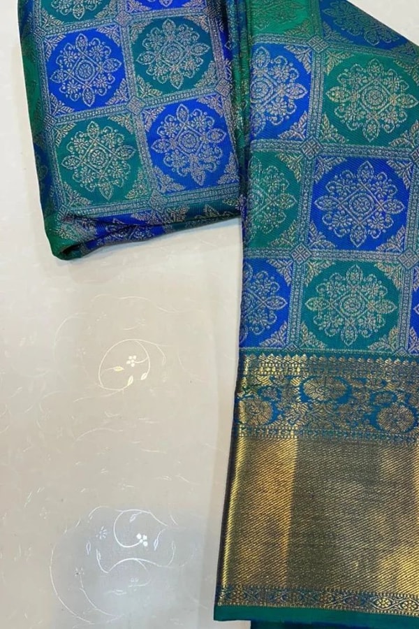 Meenakari Medallion Jaal Banarasi Soft Silk Saree in Maroon and Royal Blue with Gold Border  in Surat