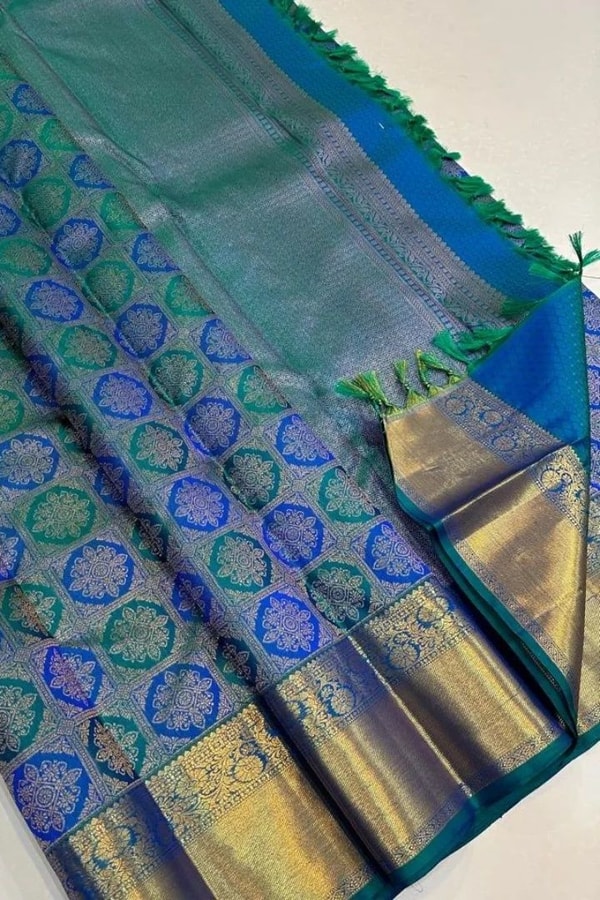 Meenakari Medallion Jaal Banarasi Soft Silk Saree in Maroon and Royal Blue with Gold Border  in Surat