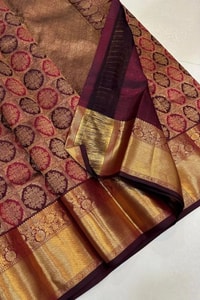 Meenakari Medallion Jaal Banarasi Soft Silk Saree in Maroon and Royal Blue with Gold Border  in Surat