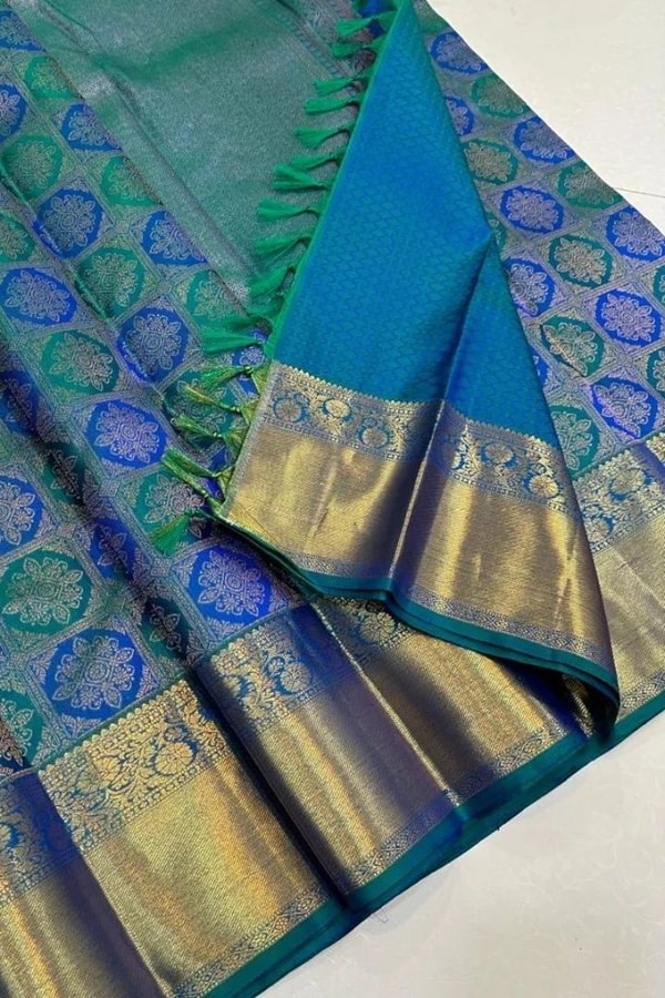Meenakari Medallion Jaal Banarasi Soft Silk Saree in Maroon and Royal Blue with Gold Border  in Surat