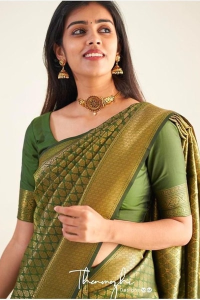 Mehendi Green Kanjivaram-Style Banarasi Soft Silk Saree with All-Over Gold Zari Brocade in Surat