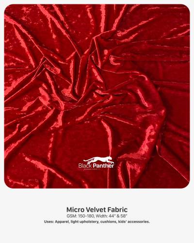 Micro Velvet Fabric GSM 150 to 180 Width 44 Inch and 58 Inch for Apparel Upholstery and Kids in Surat