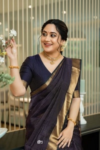 Midnight Indigo Banarasi Soft Silk Saree with Plain Body and Wide Gold Zari Border  in Surat