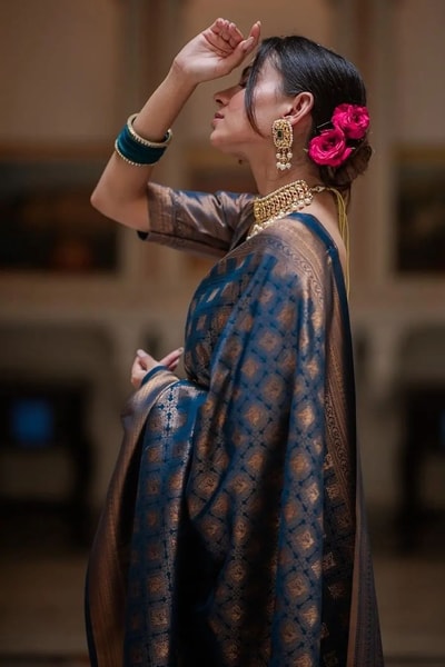 Midnight Navy Banarasi Soft Silk Saree with Antique Copper Zari Jaal and Rich Pallu in Surat