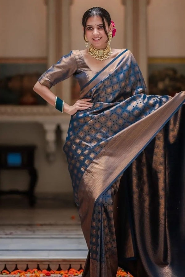 Midnight Navy Banarasi Soft Silk Saree with Antique Copper Zari Jaal and Rich Pallu  in Surat