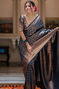 Midnight Navy Banarasi Soft Silk Saree with Antique Copper Zari Jaal and Rich Pallu  in Surat