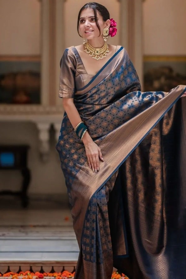 Midnight Navy Banarasi Soft Silk Saree with Antique Copper Zari Jaal and Rich Pallu  in Surat