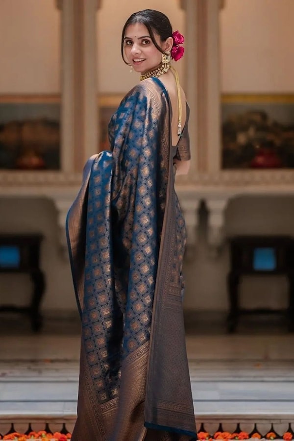 Midnight Navy Banarasi Soft Silk Saree with Antique Copper Zari Jaal and Rich Pallu  in Surat