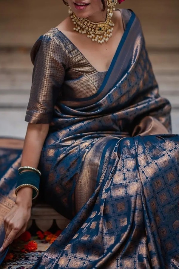 Midnight Navy Banarasi Soft Silk Saree with Antique Copper Zari Jaal and Rich Pallu  in Surat