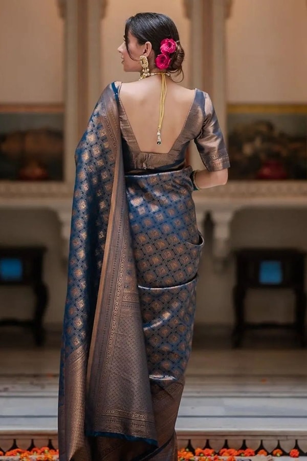 Midnight Navy Banarasi Soft Silk Saree with Antique Copper Zari Jaal and Rich Pallu  in Surat