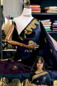 Midnight Navy Banarasi Soft Silk Saree with Gold Paisley Buttas and Striped Zari Pallu  in Surat