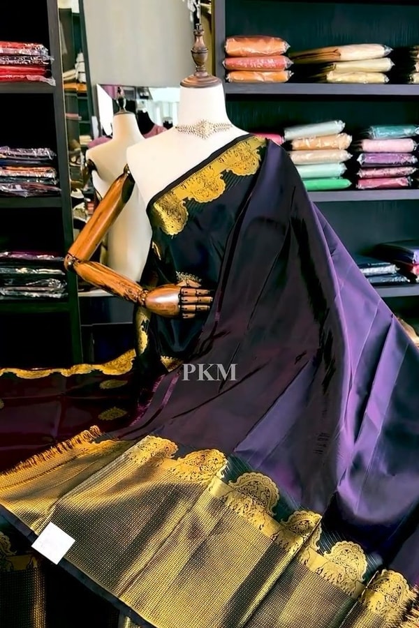 Midnight Navy Banarasi Soft Silk Saree with Gold Paisley Buttas and Striped Zari Pallu  in Surat