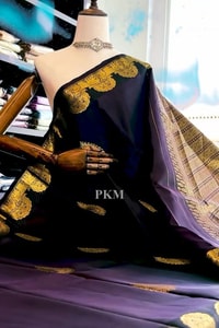 Midnight Navy Banarasi Soft Silk Saree with Gold Paisley Buttas and Striped Zari Pallu  in Surat