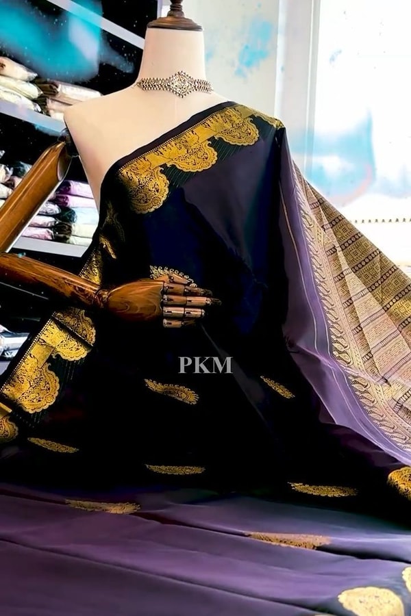 Midnight Navy Banarasi Soft Silk Saree with Gold Paisley Buttas and Striped Zari Pallu  in Surat