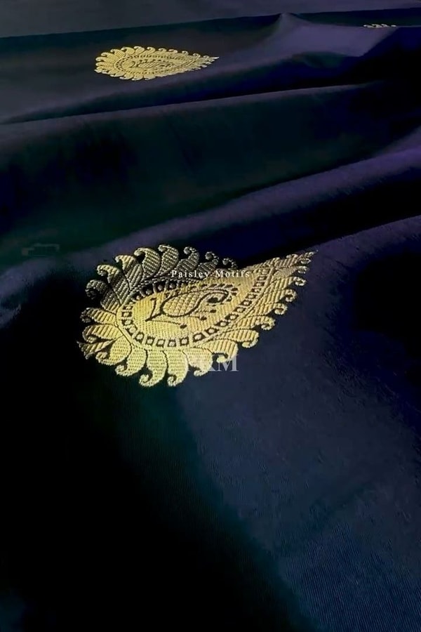 Midnight Navy Banarasi Soft Silk Saree with Gold Paisley Buttas and Striped Zari Pallu  in Surat