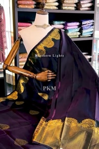 Midnight Navy Banarasi Soft Silk Saree with Gold Paisley Buttas and Striped Zari Pallu  in Surat
