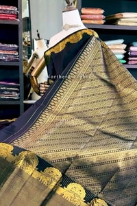 Midnight Navy Banarasi Soft Silk Saree with Gold Paisley Buttas and Striped Zari Pallu  in Surat