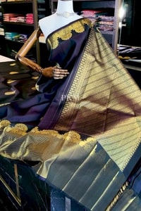 Midnight Navy Banarasi Soft Silk Saree with Gold Paisley Buttas and Striped Zari Pallu  in Surat