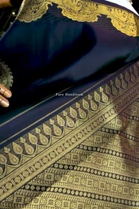 Midnight Navy Banarasi Soft Silk Saree with Gold Paisley Buttas and Striped Zari Pallu  in Surat