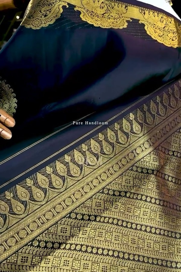 Midnight Navy Banarasi Soft Silk Saree with Gold Paisley Buttas and Striped Zari Pallu  in Surat