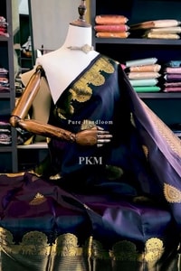 Midnight Navy Banarasi Soft Silk Saree with Gold Paisley Buttas and Striped Zari Pallu  in Surat
