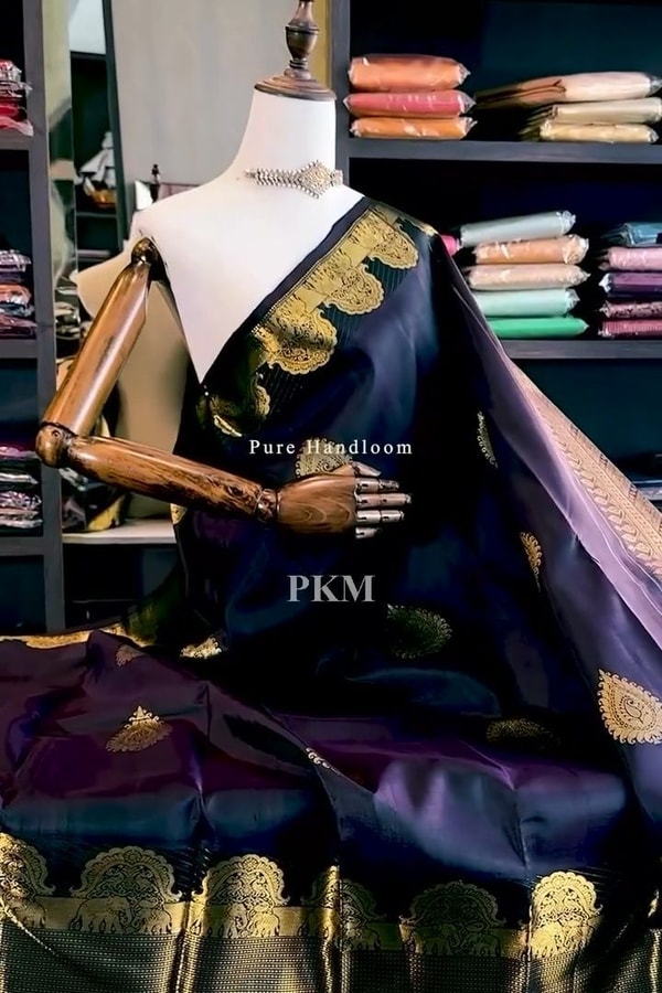 Midnight Navy Banarasi Soft Silk Saree with Gold Paisley Buttas and Striped Zari Pallu  in Surat