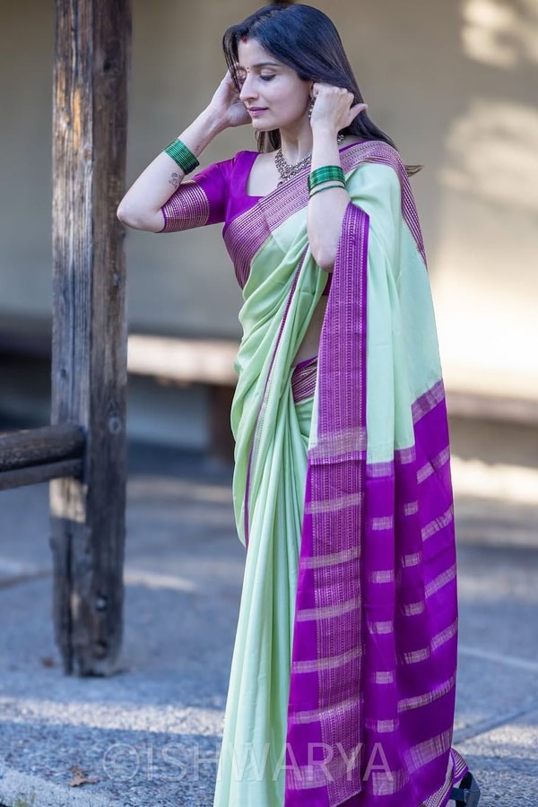Mint Green Banarasi Soft Silk Saree with Contrast Magenta Zari Border and Striped Pallu  in Surat