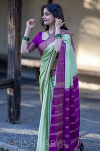 Mint Green Banarasi Soft Silk Saree with Contrast Magenta Zari Border and Striped Pallu  in Surat