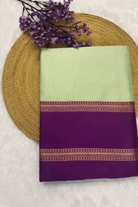 Mint Green Banarasi Soft Silk Saree with Contrast Magenta Zari Border and Striped Pallu  in Surat