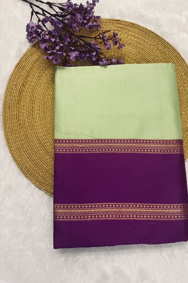 Mint Green Banarasi Soft Silk Saree with Contrast Magenta Zari Border and Striped Pallu  in Surat