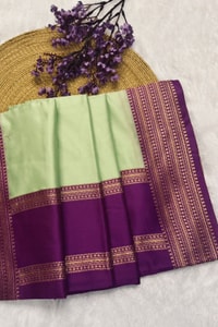 Mint Green Banarasi Soft Silk Saree with Contrast Magenta Zari Border and Striped Pallu  in Surat