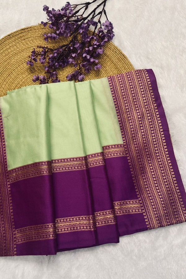 Mint Green Banarasi Soft Silk Saree with Contrast Magenta Zari Border and Striped Pallu  in Surat